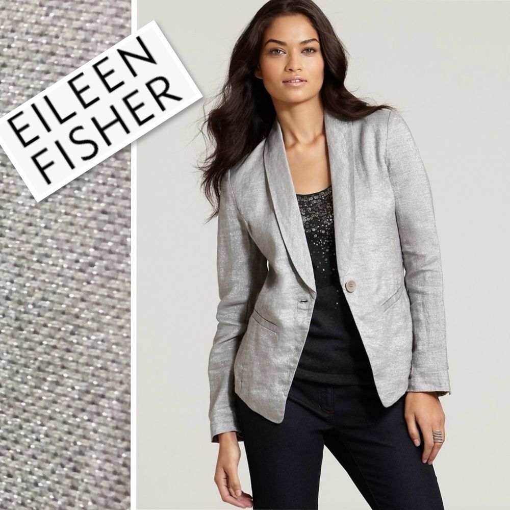Eileen Fisher Grey Twinkle Linen Silver Metallic Tuxedo Style Jacket Blazer PS